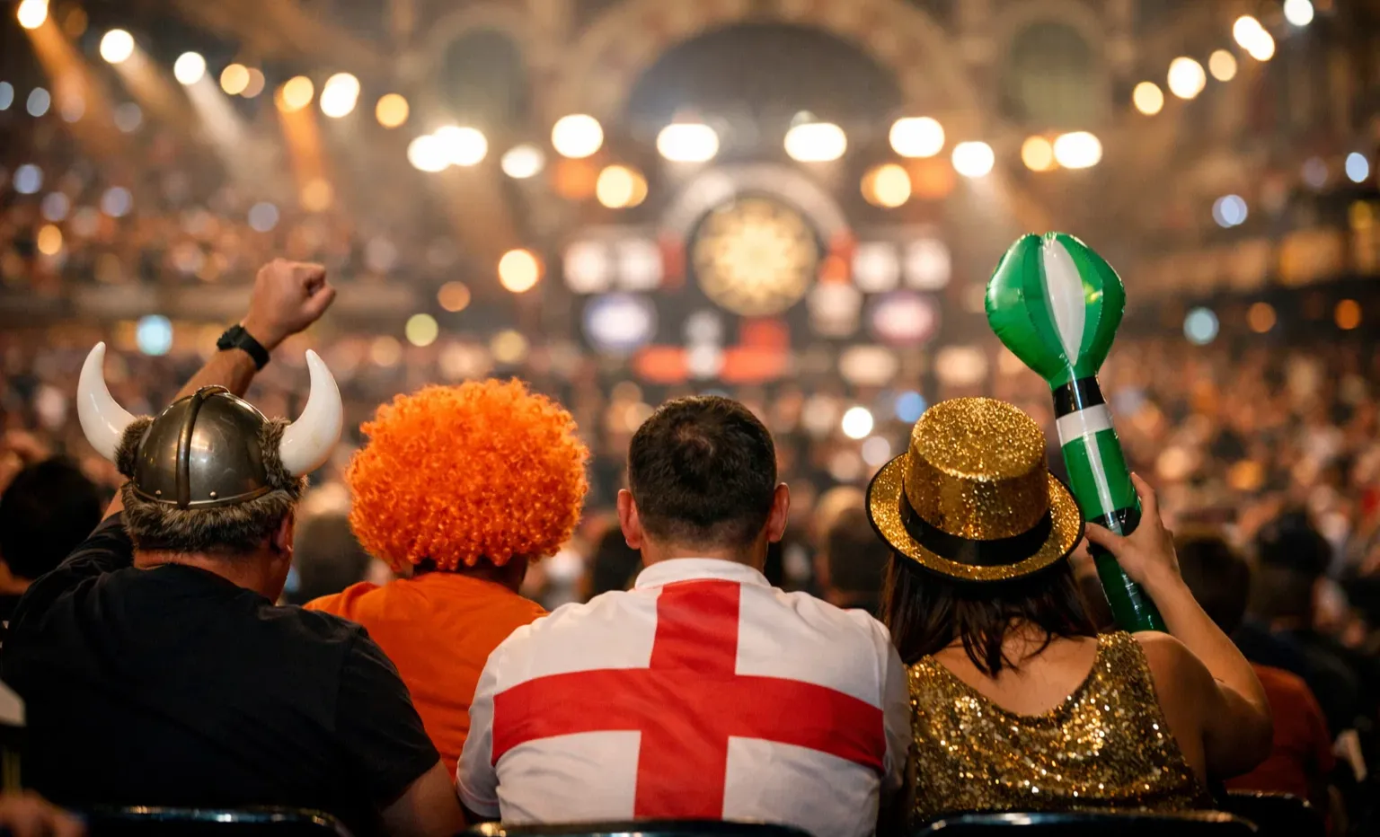 Het publiek in Alexandra Palace tijdens een groot dartstoernooi met sfeerverlichting