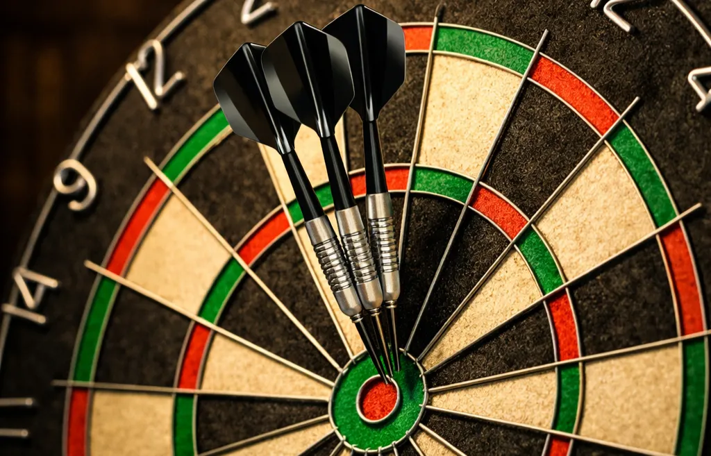 Close-up van een dartbord met pijlen in de triple-twenty sector