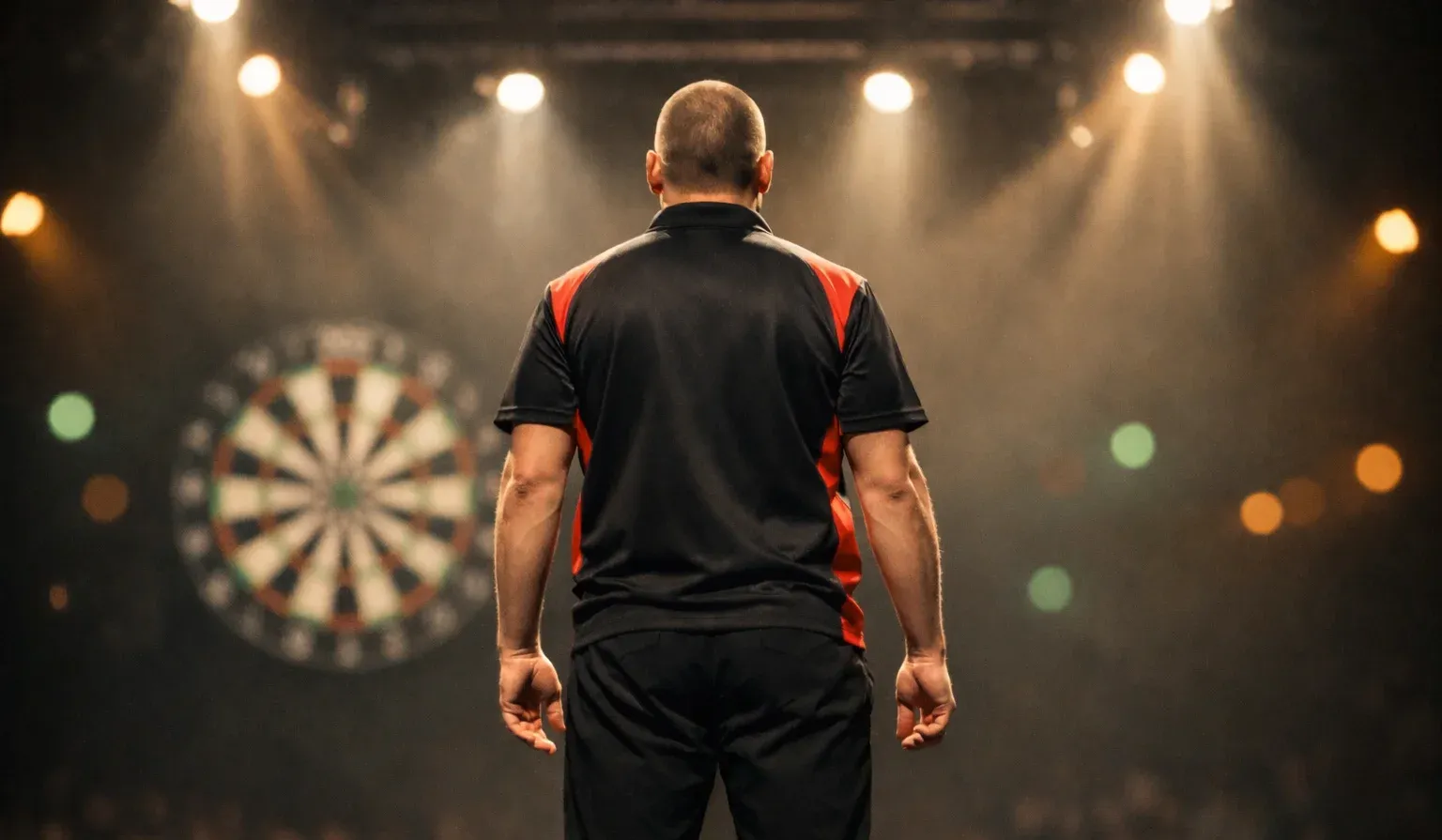 Professionele dartsspeler gooit pijlen op het podium onder spotlights