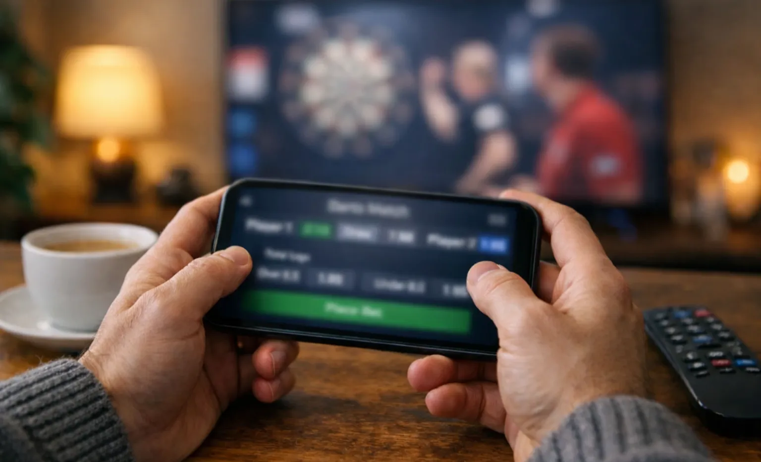 Persoon bekijkt darts weddenschappen op een smartphone