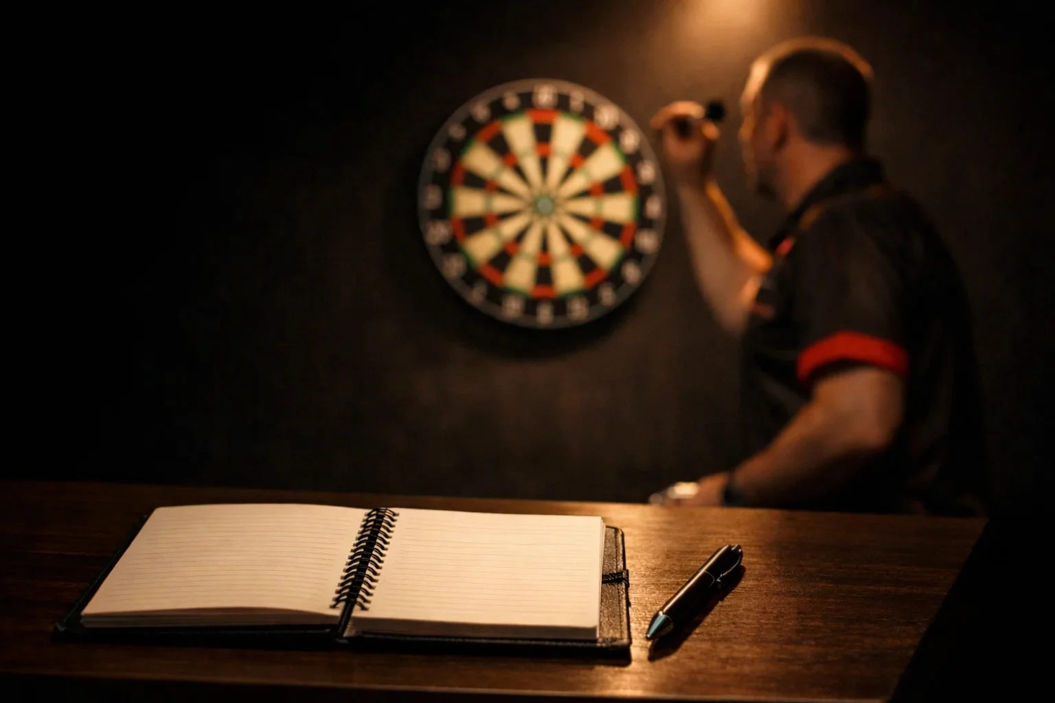 Dartspeler bestudeert statistieken voor een wedstrijd op een professioneel toernooi