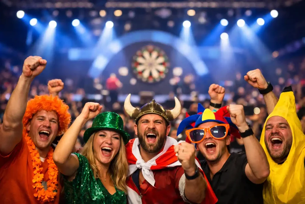Dartspodium met spotlichten en publiek tijdens een groot PDC toernooi