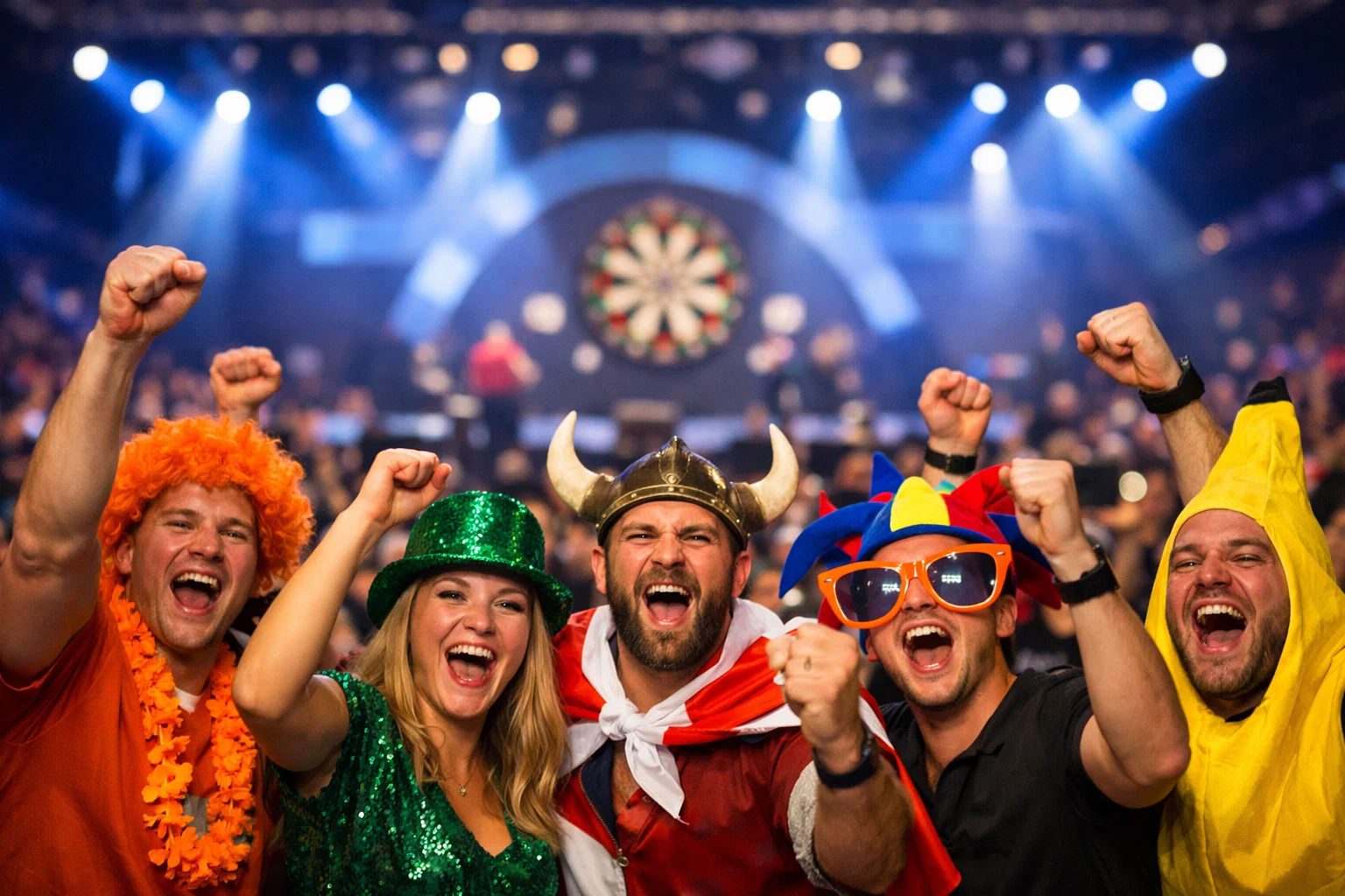 Dartspodium met spotlichten en publiek tijdens een groot PDC toernooi